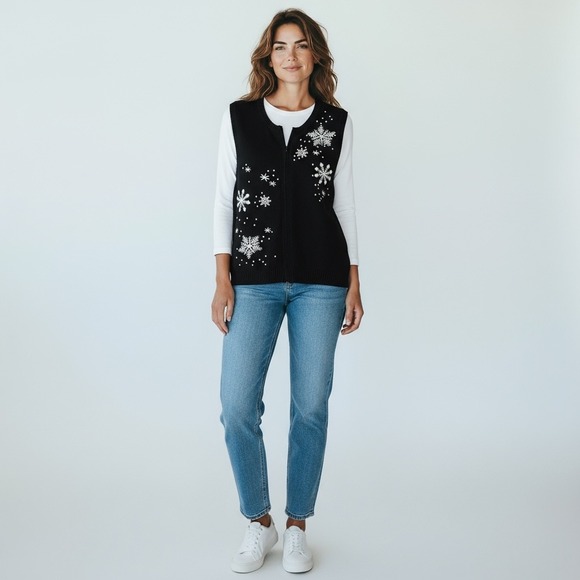 Baxter & Wells Sweaters - Baxter & Wells Womens Sweater Vest XL‎ Black Snowflake Holiday Cotton Flax Blend